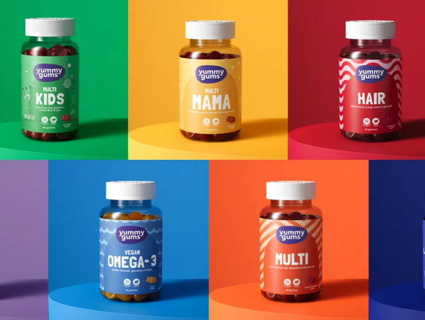 A colorful grid arrangement of five distinct Yummygums supplement bottles